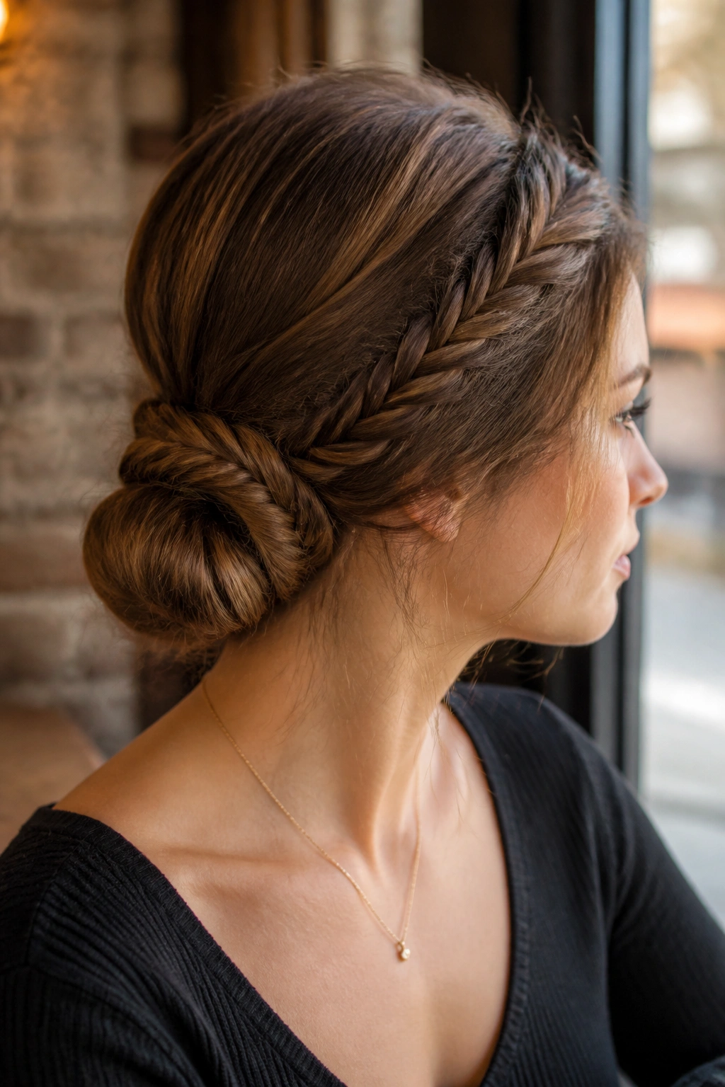Close-up of a real woman wearing a The Fishtail Wrap Bun with a fishtail braid wrapped into a bun and tucked ends