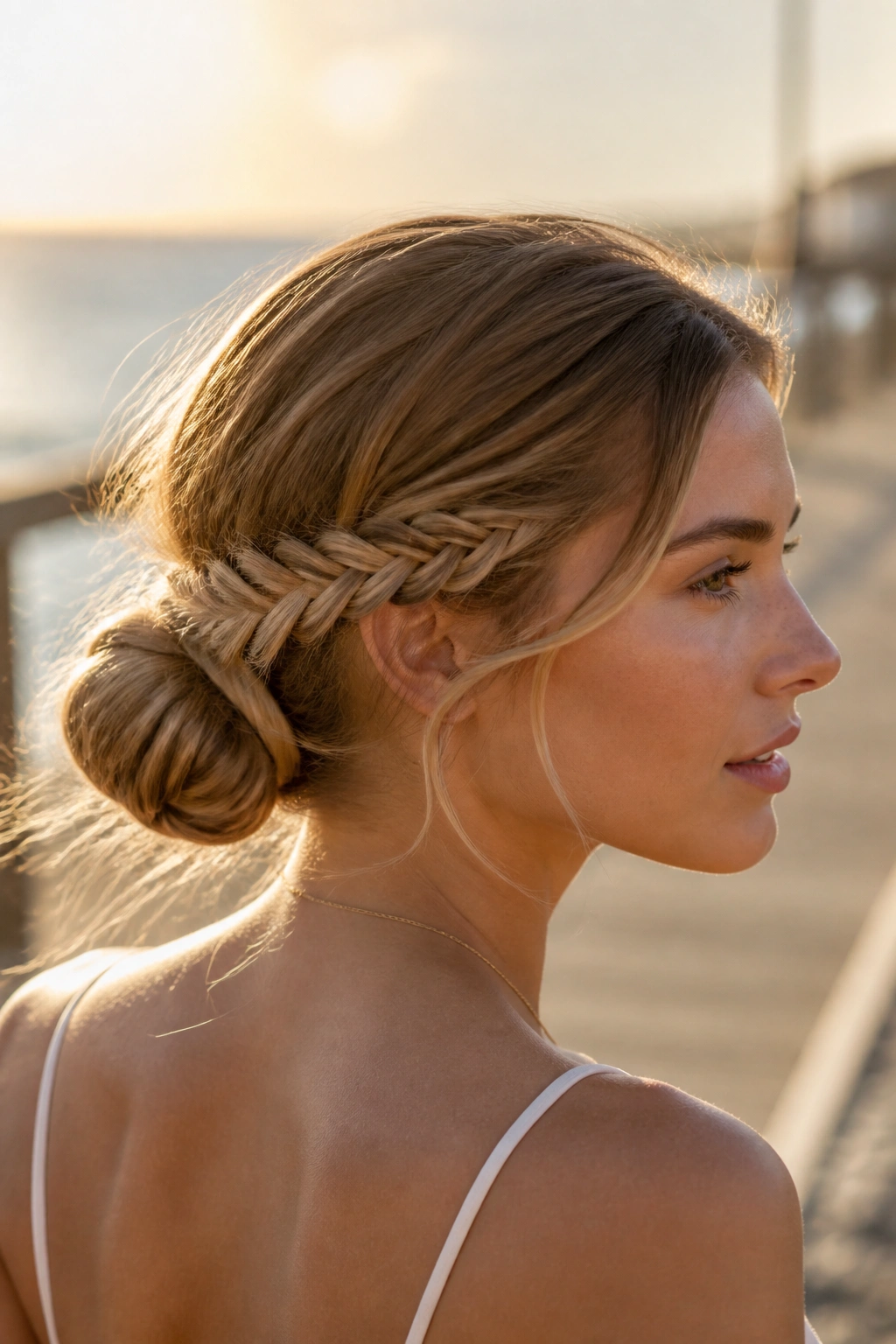 Close-up of a woman with a fishtail-wrapped bun by the sea