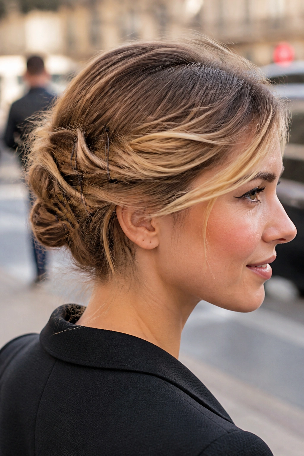 Close-up of a real woman wearing The Five-Pin Emergency Updo secured with five pins
