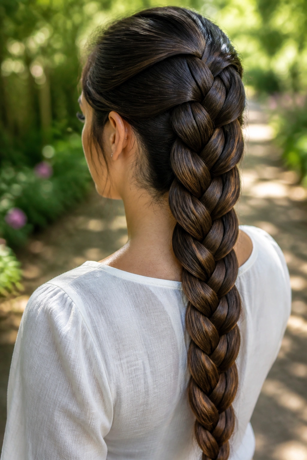 Close-up of real woman with five-strand braid on long hair