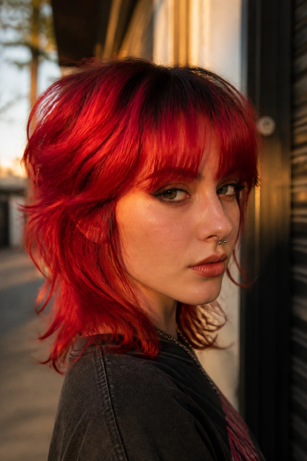 Close-up portrait of a real person with flame red wolf cut and high-contrast roots
