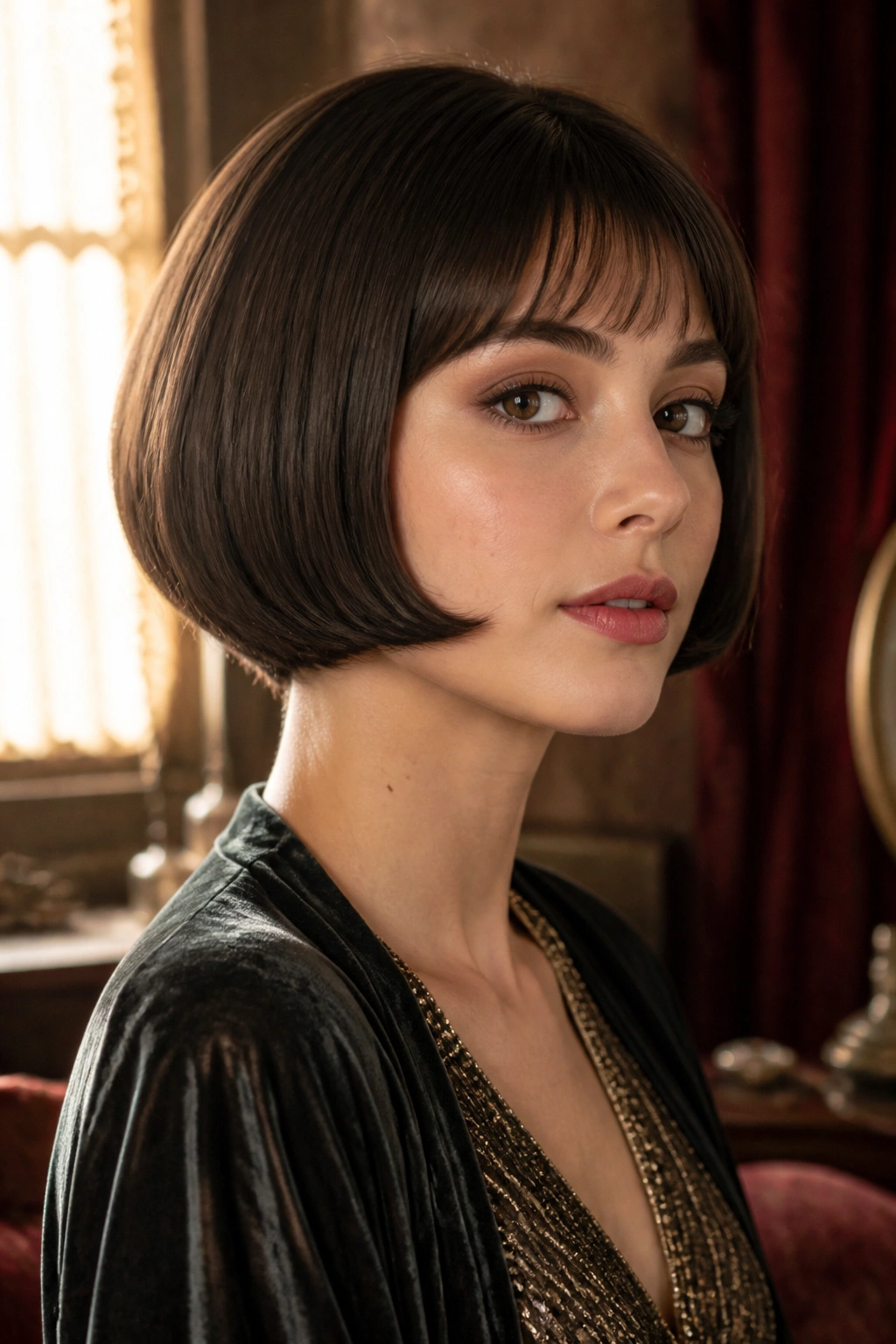 Close-up of a woman with a cheekbone-length flapper bob and sculpted ends in warm vintage lighting