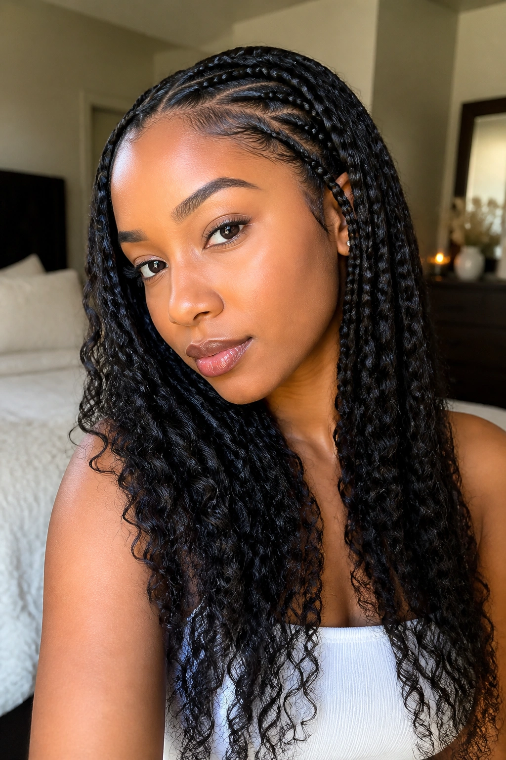 Close-up of real person with flat braid out showing braids pressed to scalp and defined ends.
