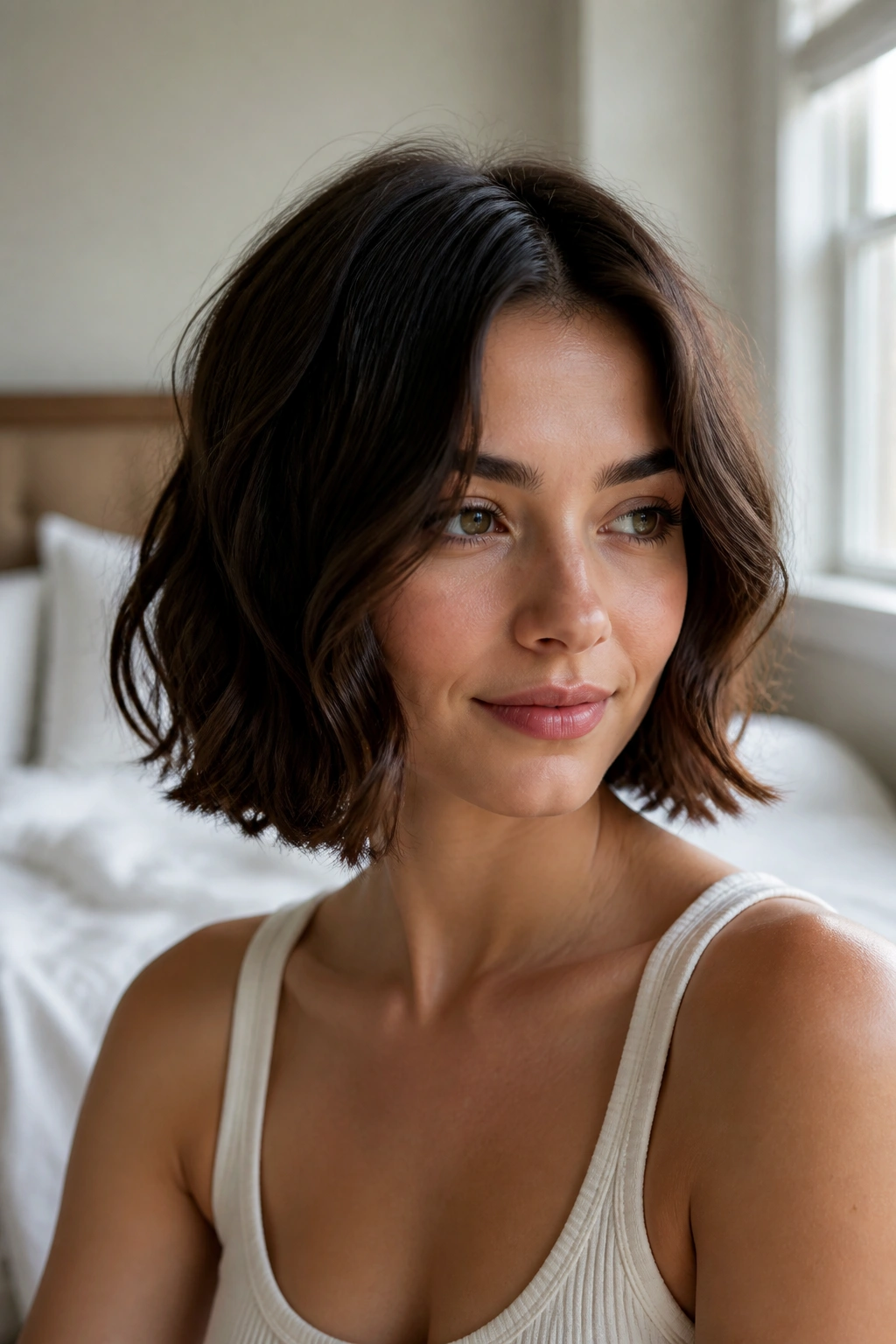 Close-up of a woman with soft flat-iron waves and bent ends