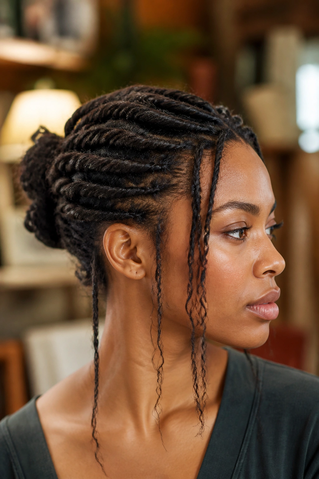 Close-up of a real woman with flat-twist crown and back bun