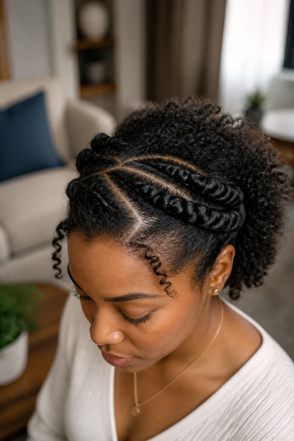 Close-up of a crown of flat twists on a real person with curly hair