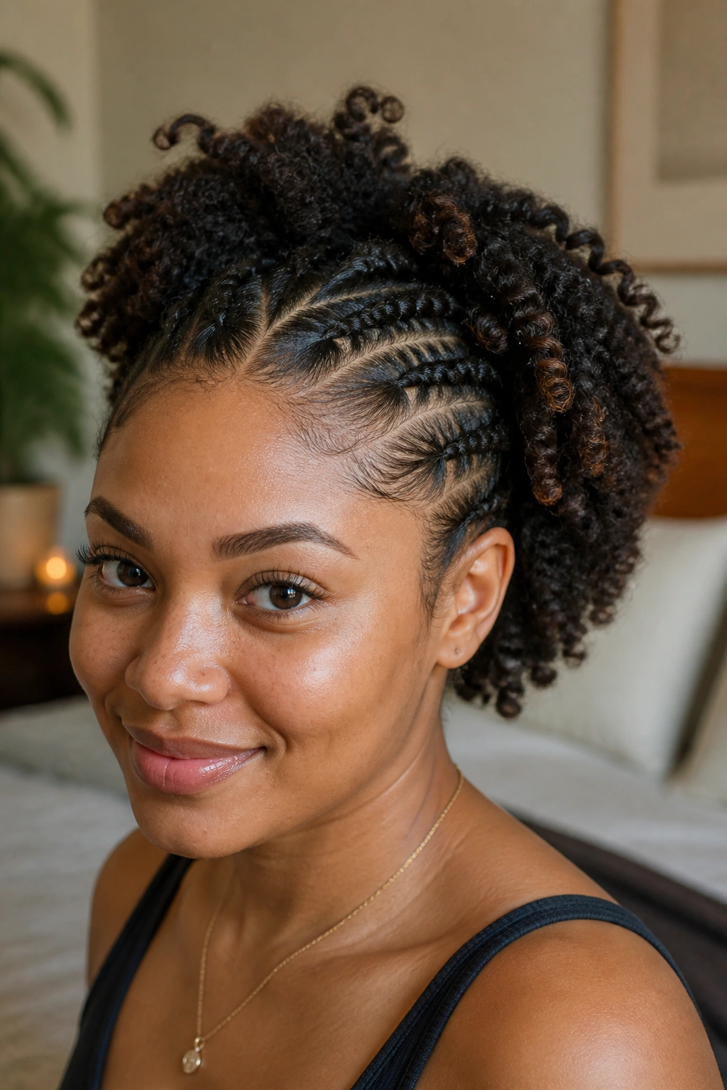 Close-up of a real woman showing flat twists around the crown with a soft twist-out