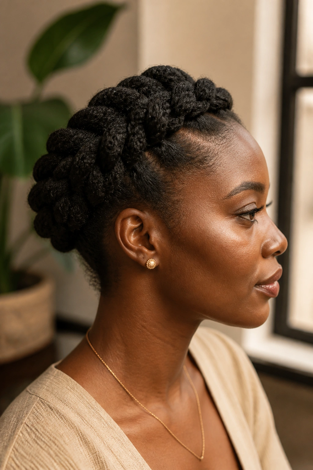 Profile view of a woman with a flat twist crown around her head