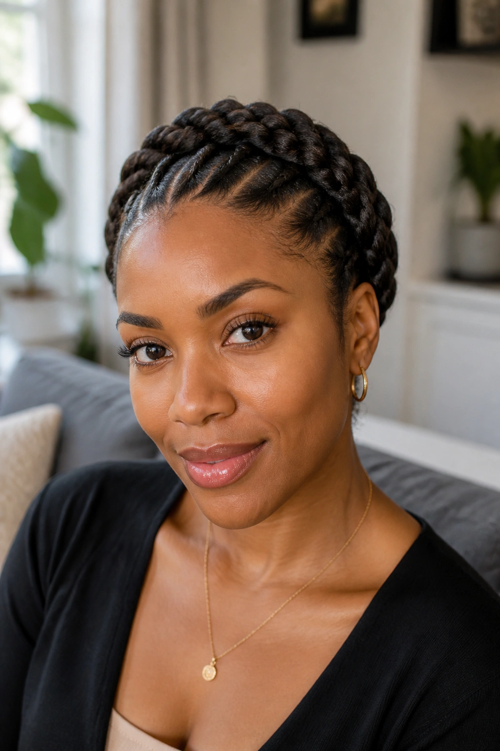 Real person wearing flat twist halo crown in soft natural light