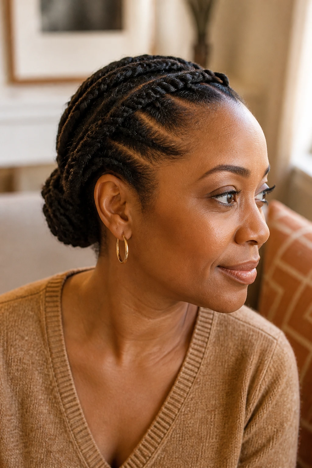 Close-up portrait of a real person with flat twists forming a halo around the head