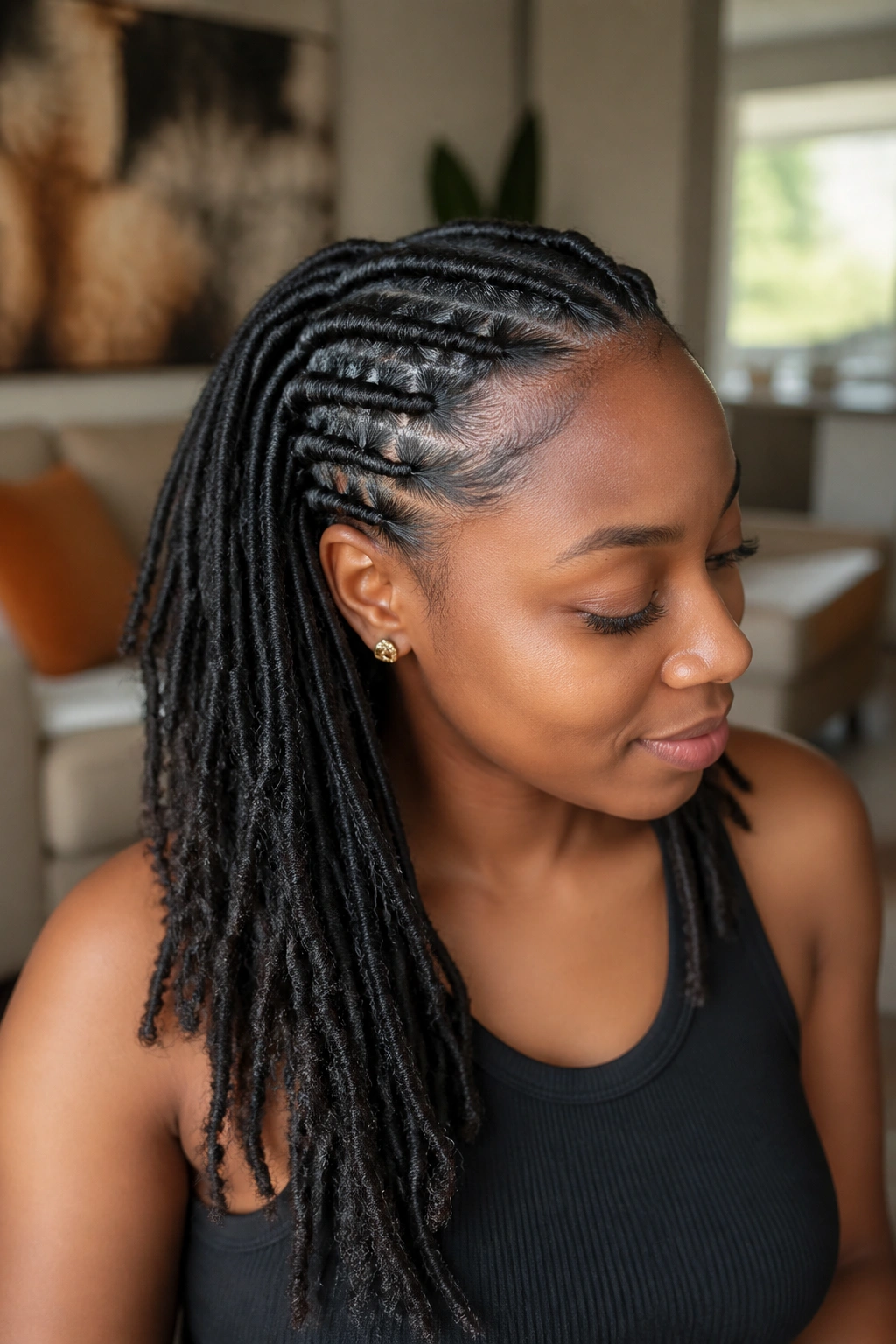 Close-up of flat-twist front with loose back length on a real person