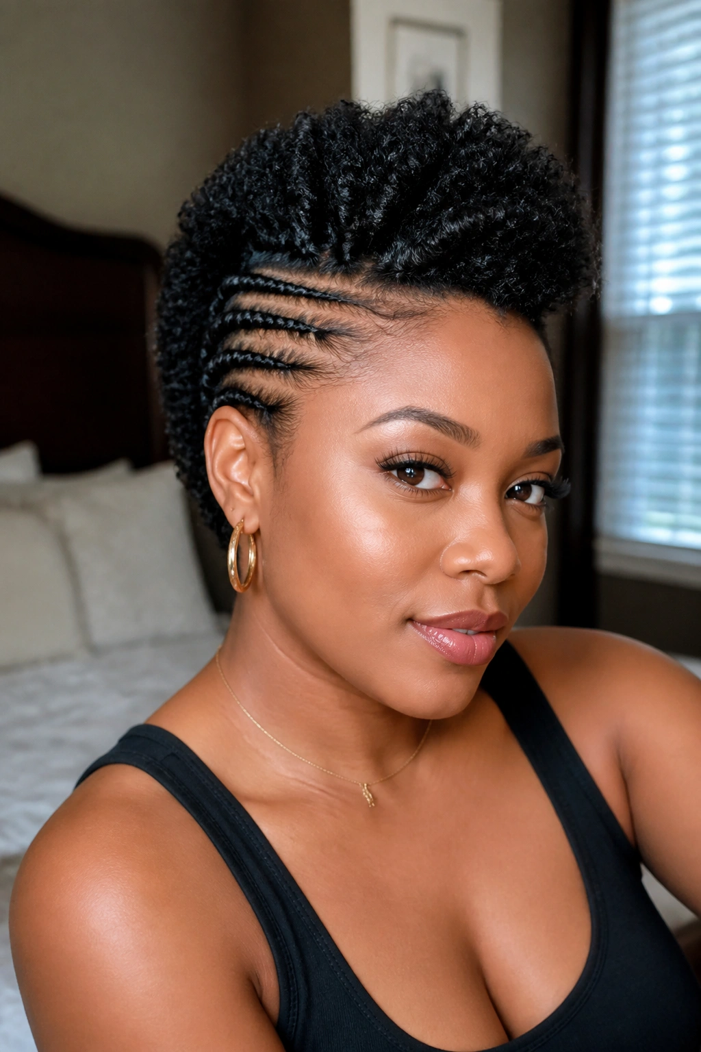 Close-up of a real Black woman's face with a flat-twist mohawk hairstyle