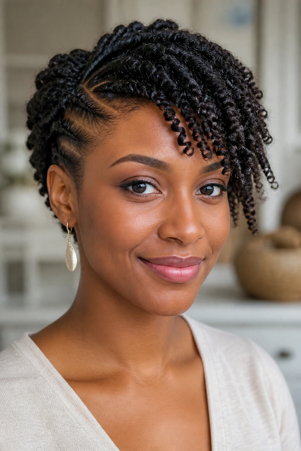 Close-up portrait of a real woman with flat twist-out and side-swept curl