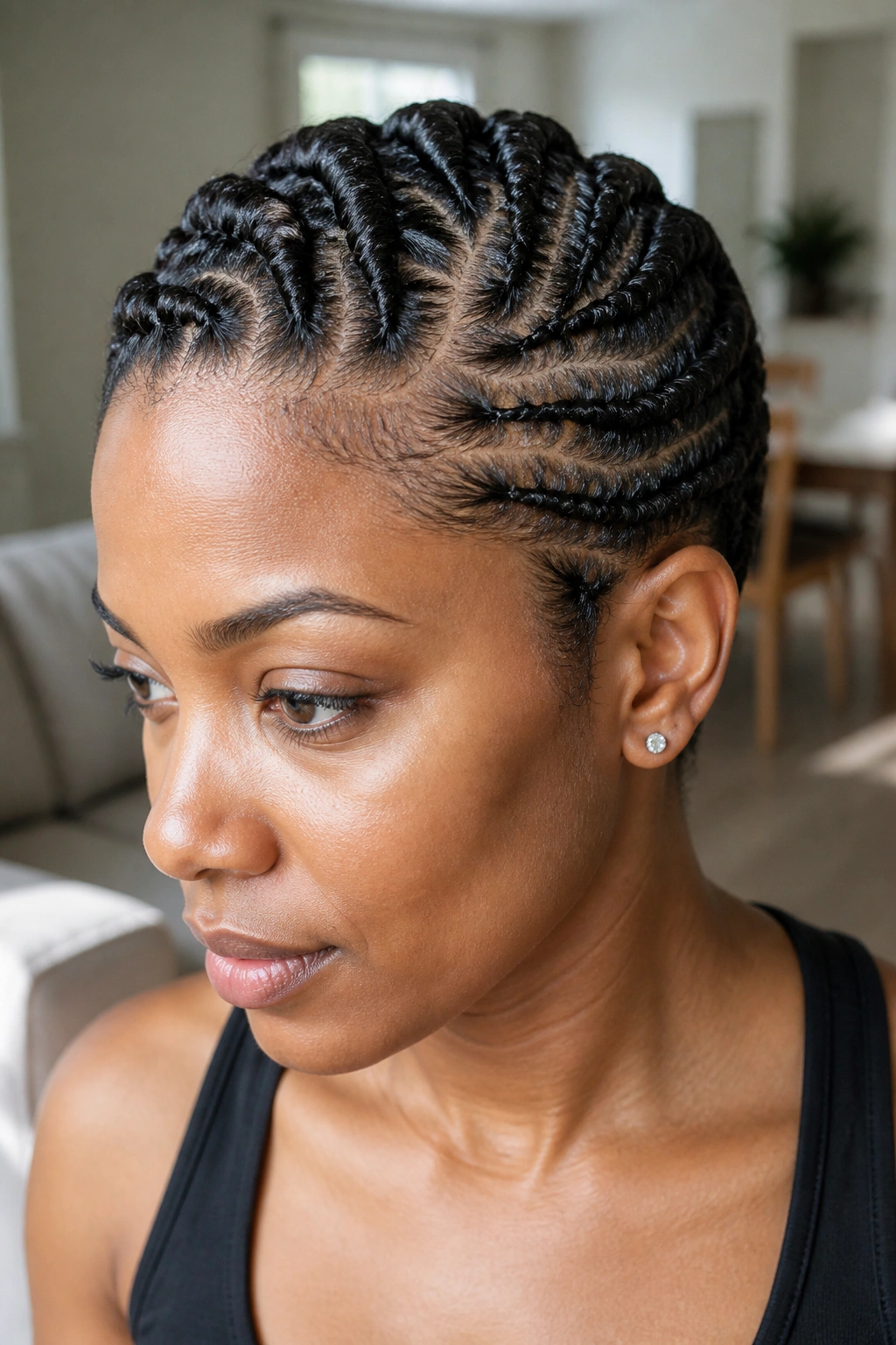 Close-up of flat-twist pixie braids hugging the scalp