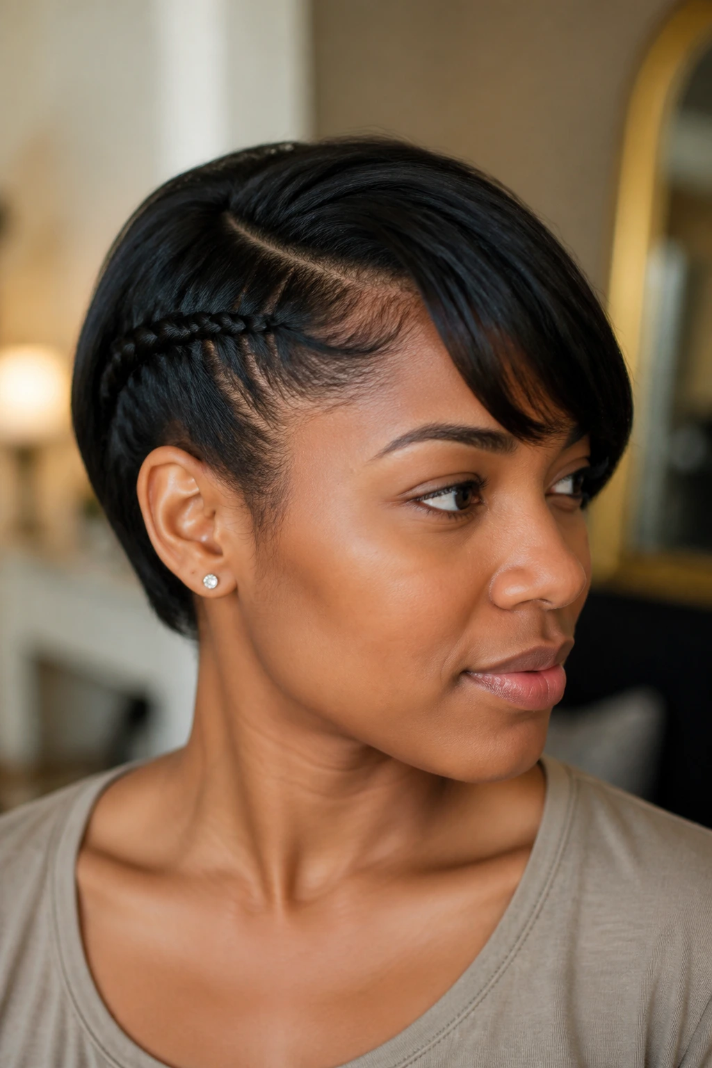 Close-up of a real person with side bangs showing a flat twist hairstyle