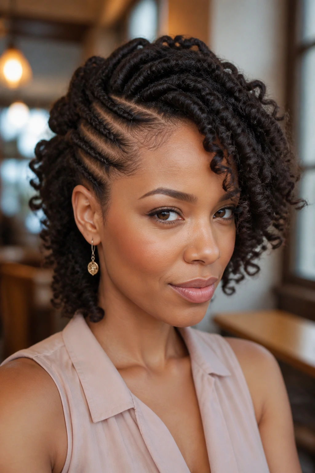 Real woman with flat-twist side sweep creating a clean side line