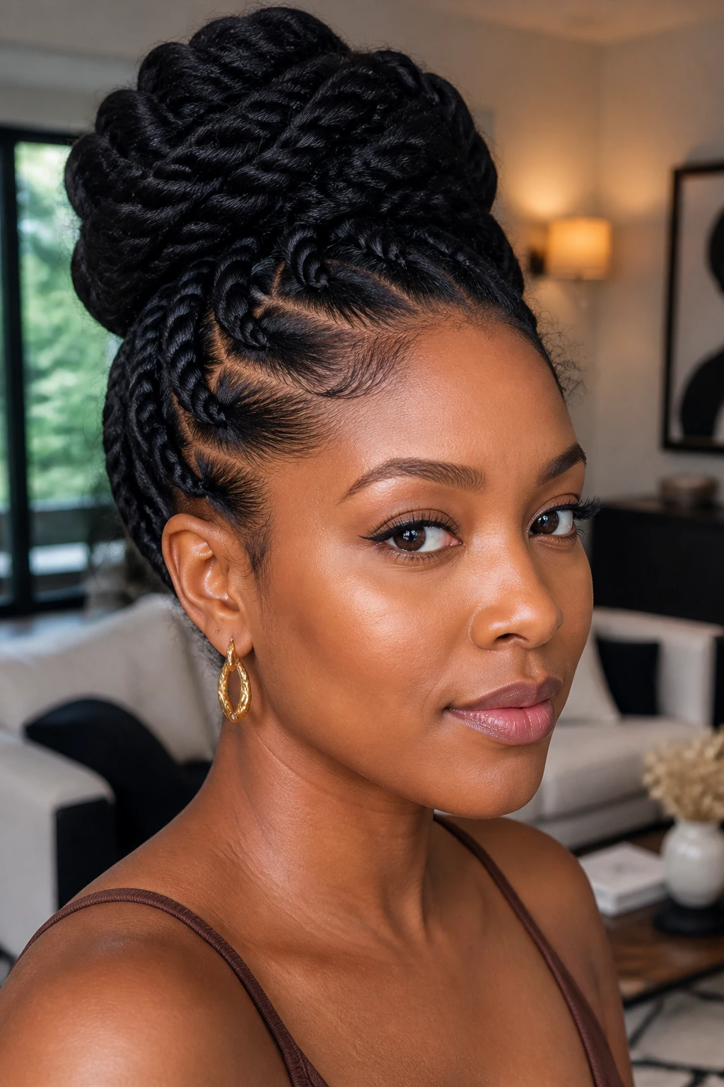 Real woman with flat twist updo in chic living room
