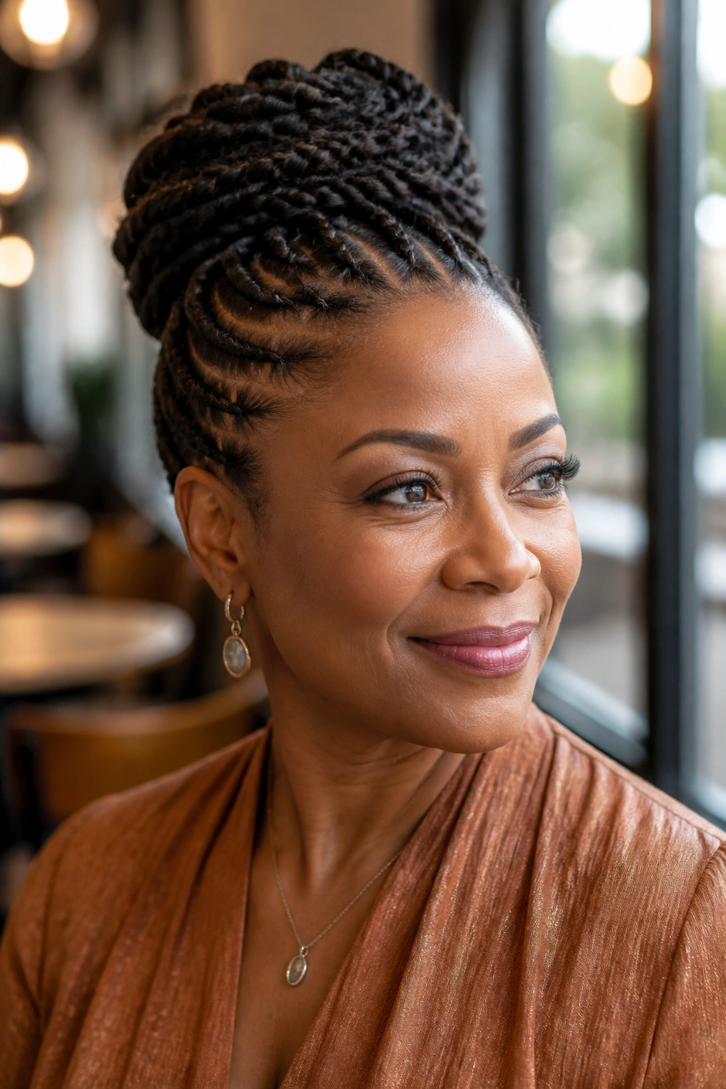 Close-up of a real woman with a flat twist updo in a cafe setting.