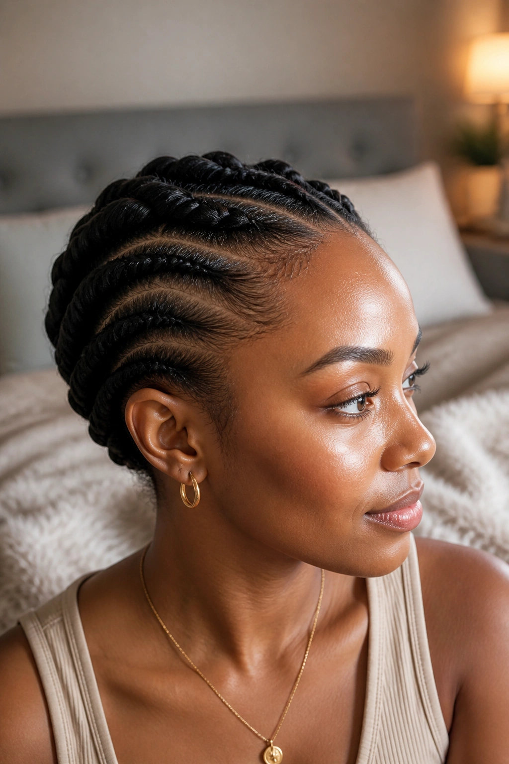 Close-up of a real woman's flat twists along the crown in warm window light