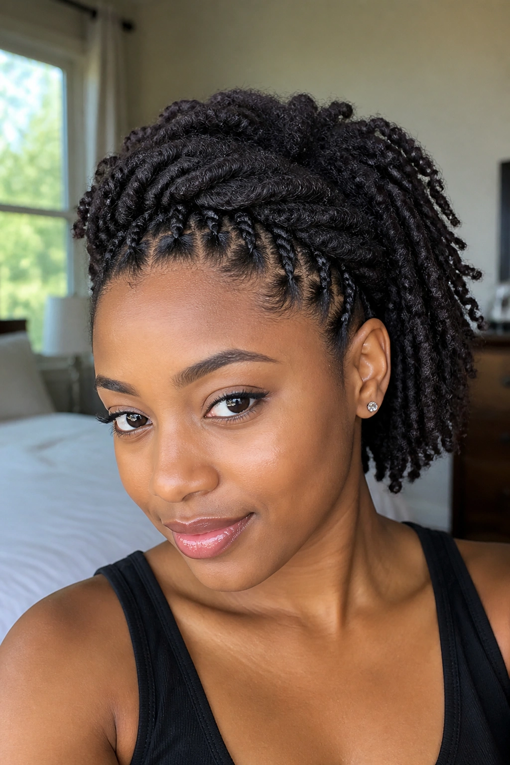 Real person with flat twist crown and loose-ended twists, close-up