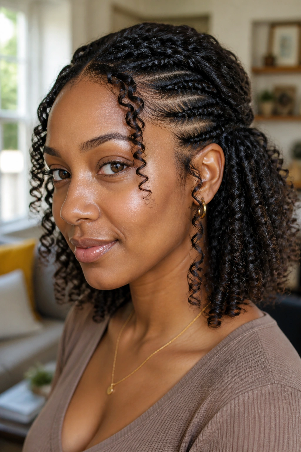 Close-up of real woman with flat twists and loose curly ends in cozy living room lighting.