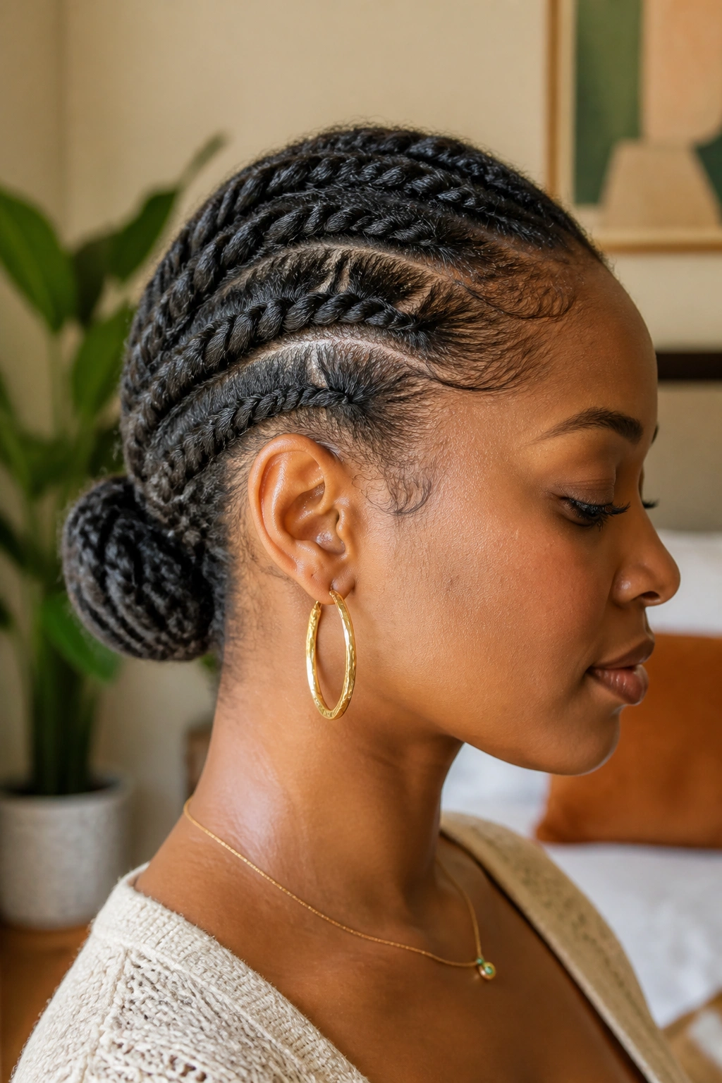 Profile view of flat twists forming a low bun at the nape