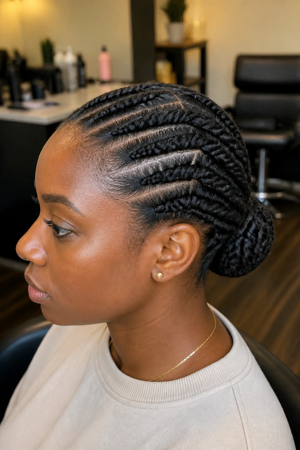 Close-up of real person with flat twists forming a low bun