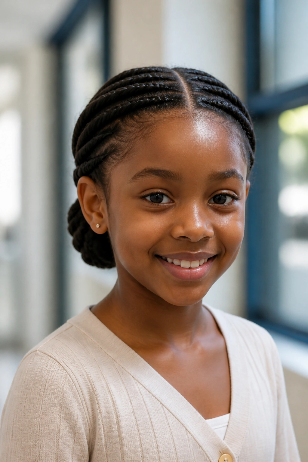 Close-up of a girl with flat twists into a low bun