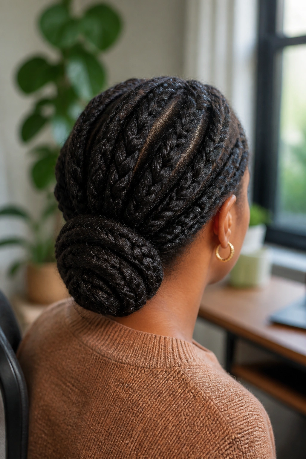 Back-angled portrait of a real person with flat twists into a low bun.