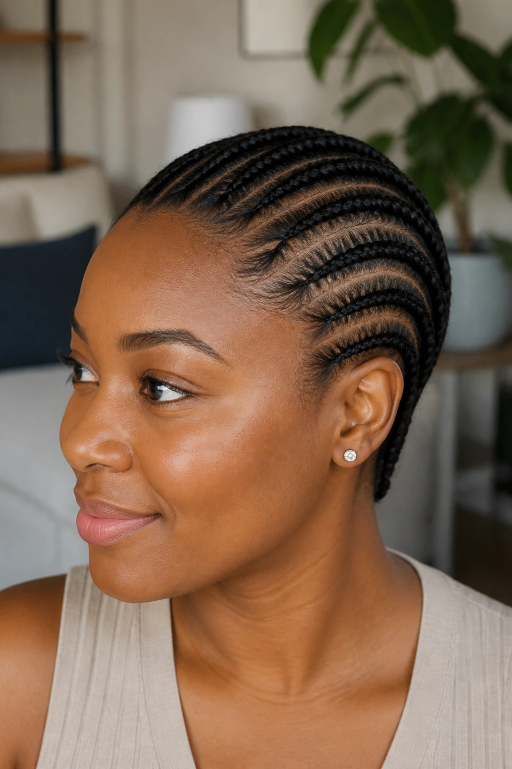 Close-up of a real woman with flat twists along the scalp