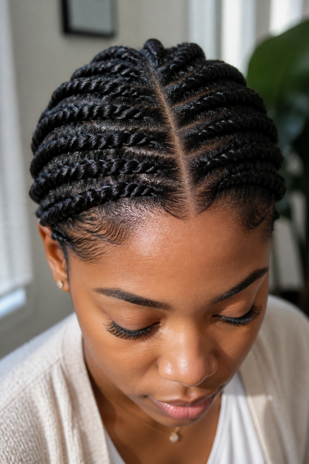Close-up of a real person with flat twists along the scalp and a centered part