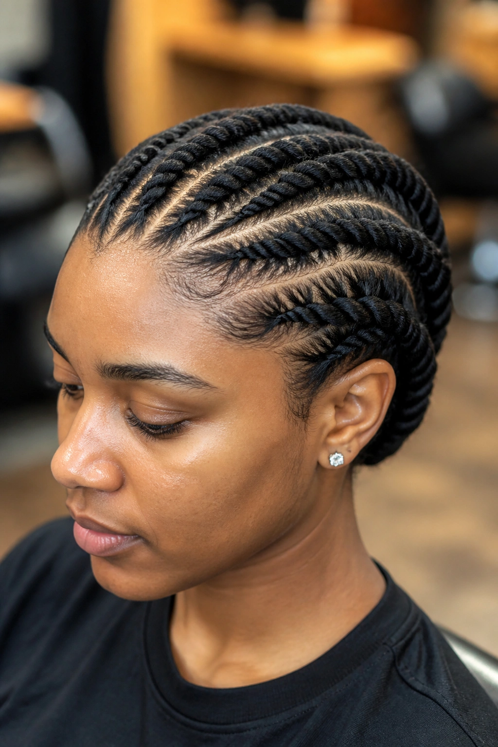 Close-up of a real woman with flat twists near the scalp in a salon