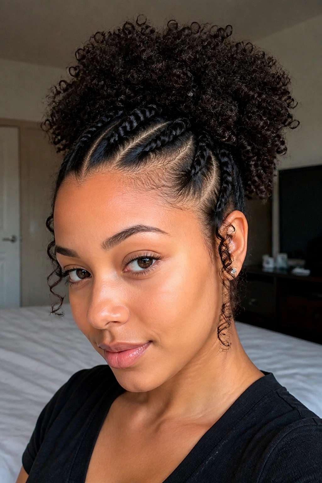 Real woman with flat twists leading into a puff, indoor soft light