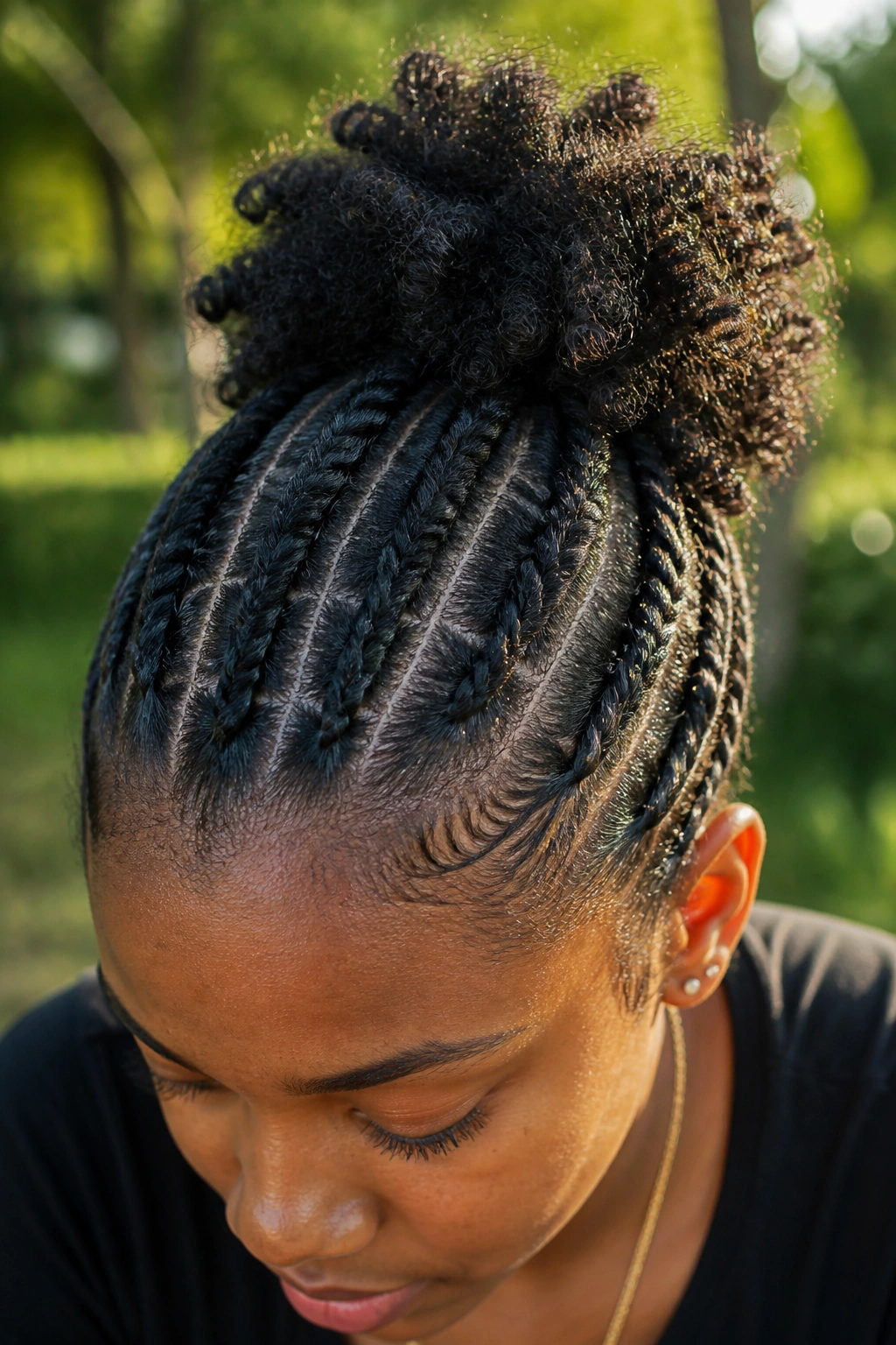 Close-up of a student with flat twists forming a puff at the crown.