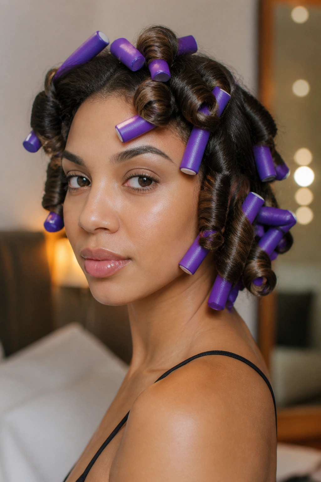 Close-up portrait of a real woman with flexi rod curls in mid-length hair