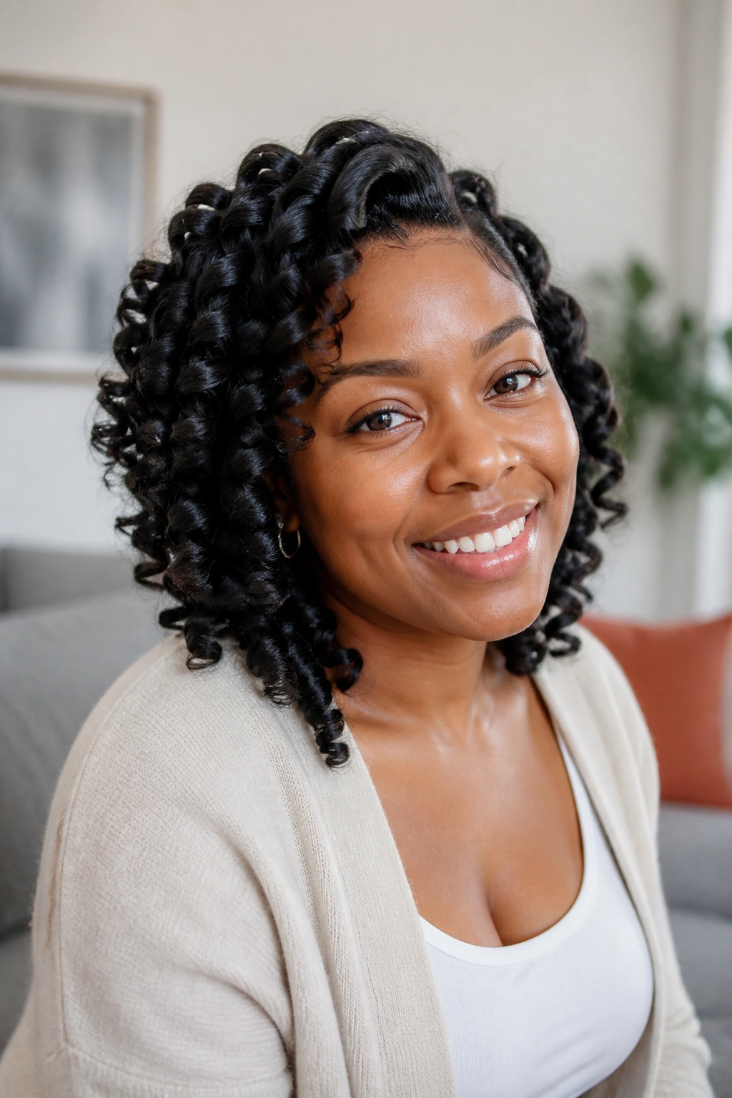 Close-up of a woman with defined flexi-rod curls under natural light