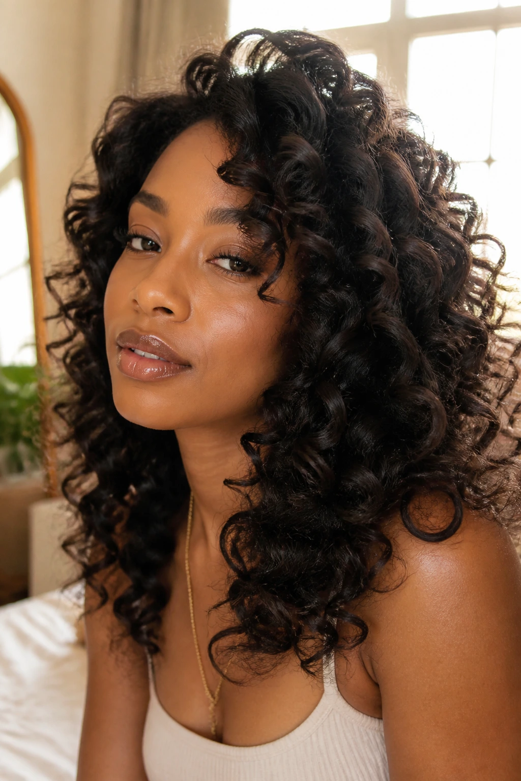 Close-up of a woman with voluminous curls created with Flexi-Rods.