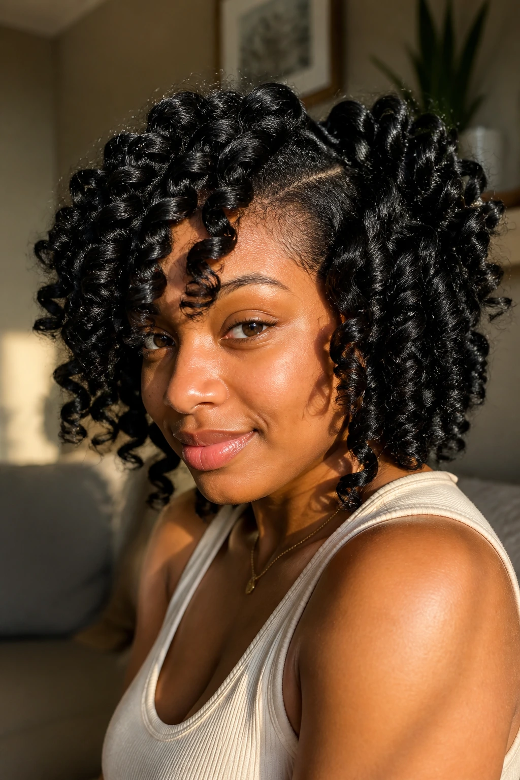 Close-up portrait of a real woman with a flexi rod set on stretched curls