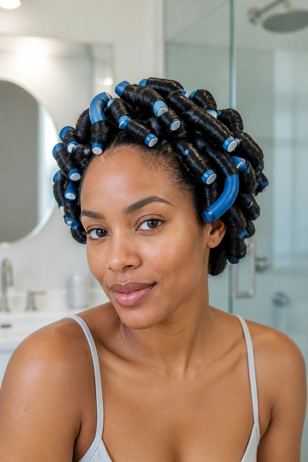 Close-up of a real person with flexi rod curls on mid-length layered hair