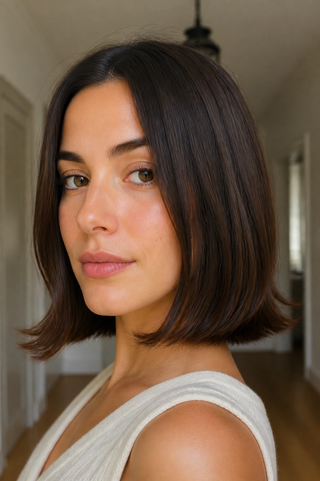 Close-up of real woman with flicked-out ends on a lob