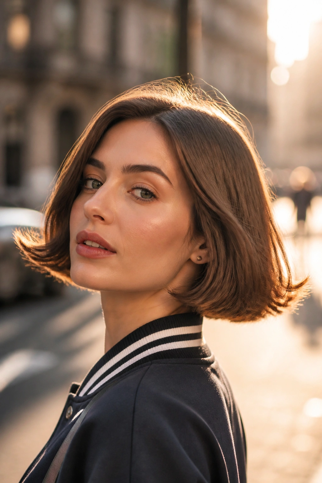 Portrait of a woman with flip-end varsity bob outdoors during golden hour.