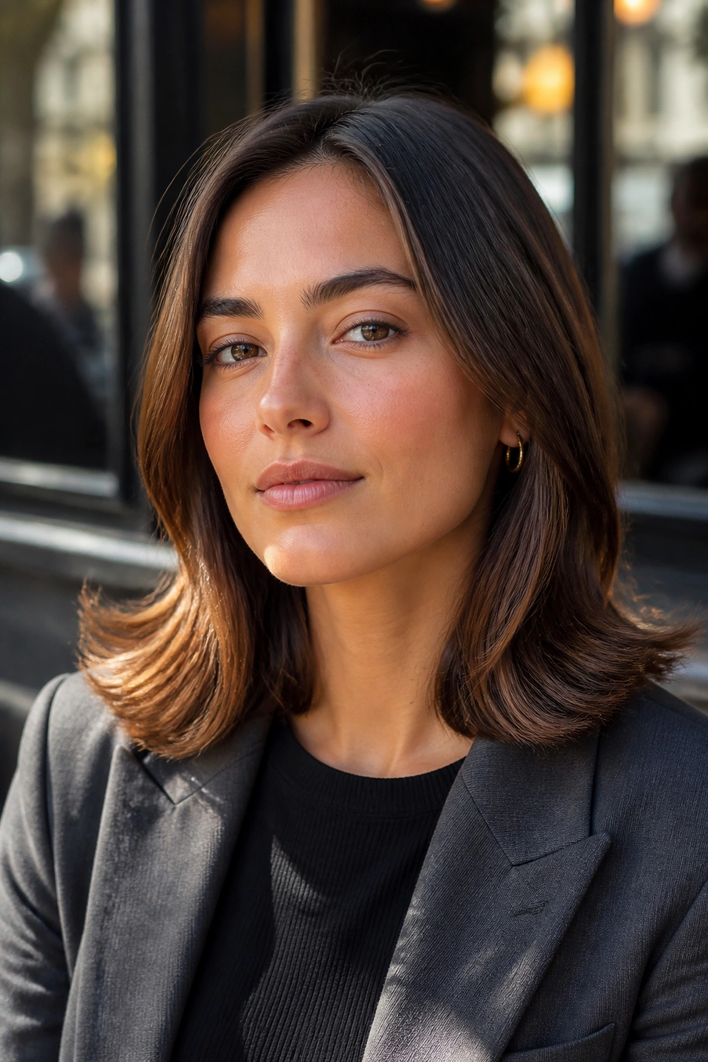 Close-up of shoulder-length hair with a gentle outward flip at the ends on a real woman
