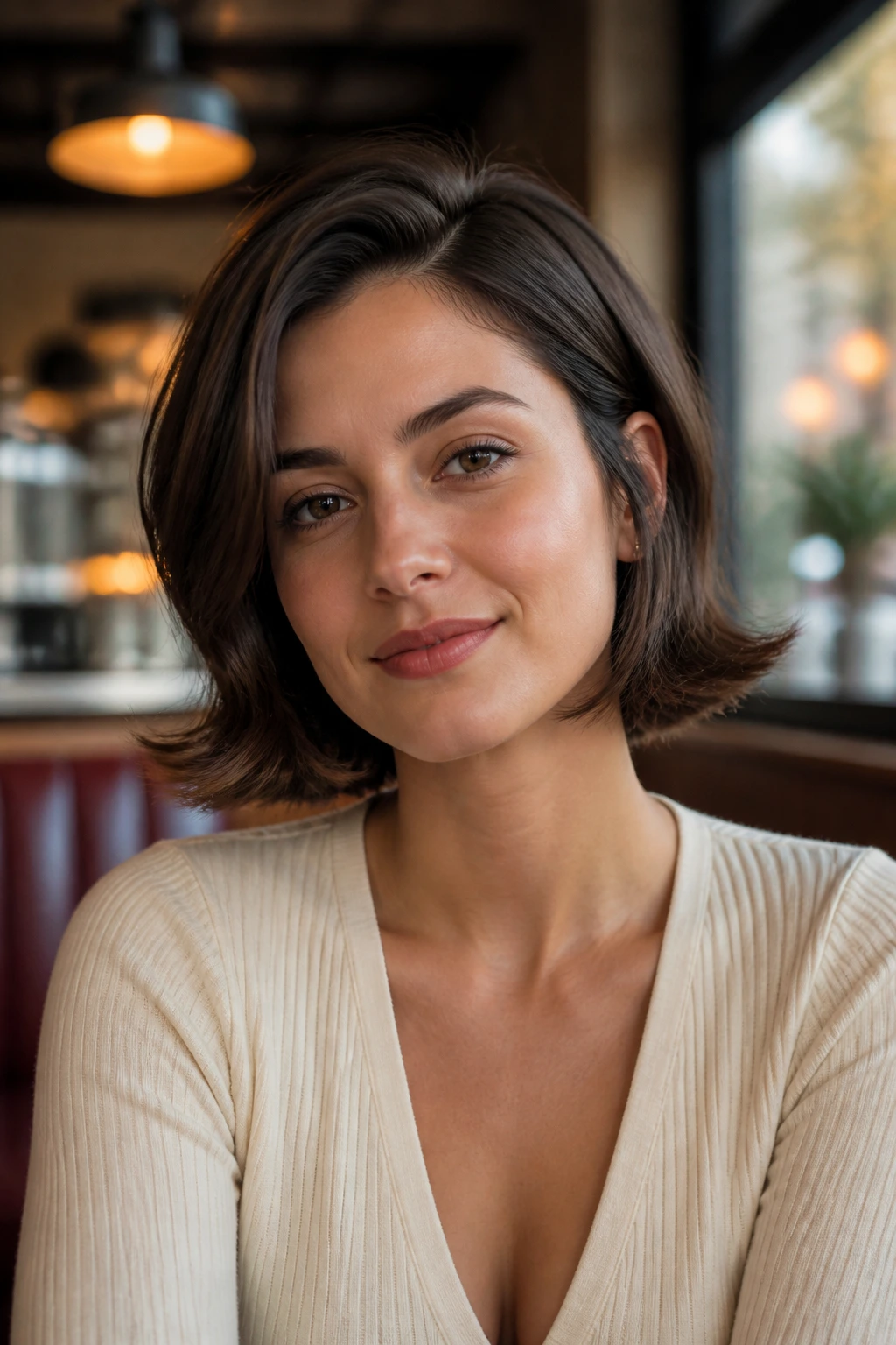 Real woman with flip-out bob and side part showing flicked ends