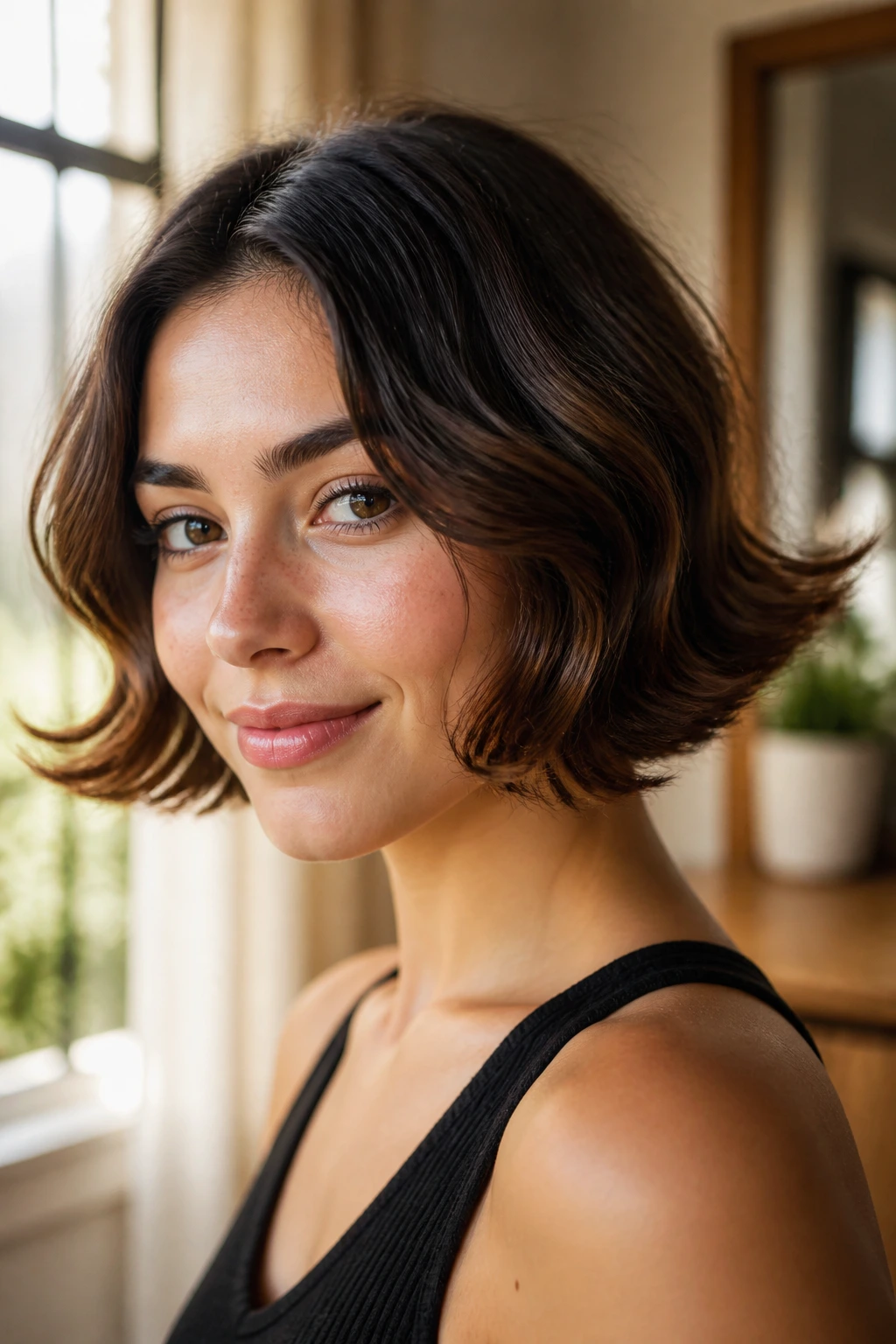 Close-up portrait of a woman with a jaw-length Flip-Out Bob with Airy Ends showing outward-ended waves