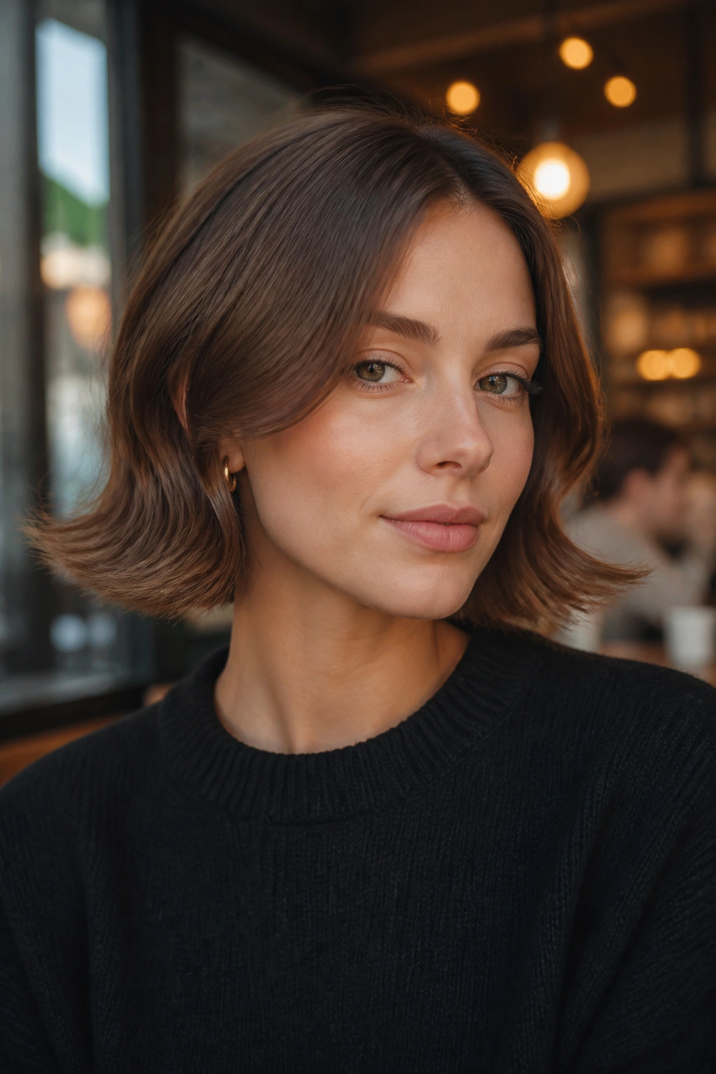 Close-up portrait of a real woman with a flip-out bob hairstyle