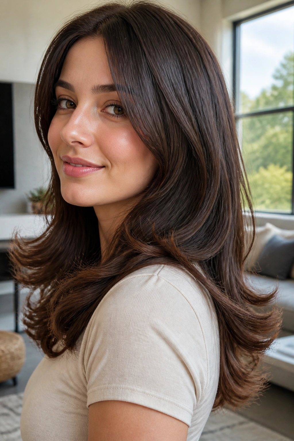Portrait of a real woman with flip-out curl ends in a bright living room
