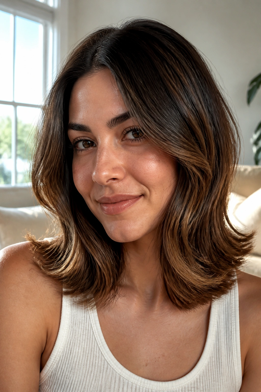 Close-up of a real woman with flip-out ends and brush-through waves
