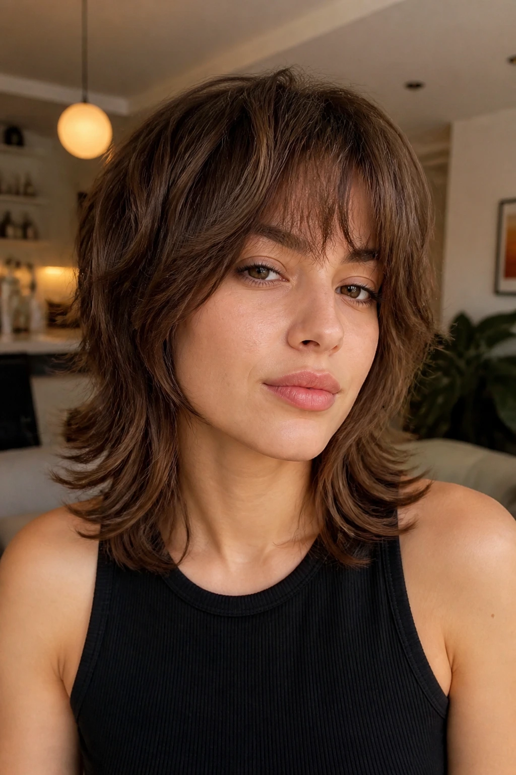 Portrait of a real person with flip-out ends shaggy wolf cut.