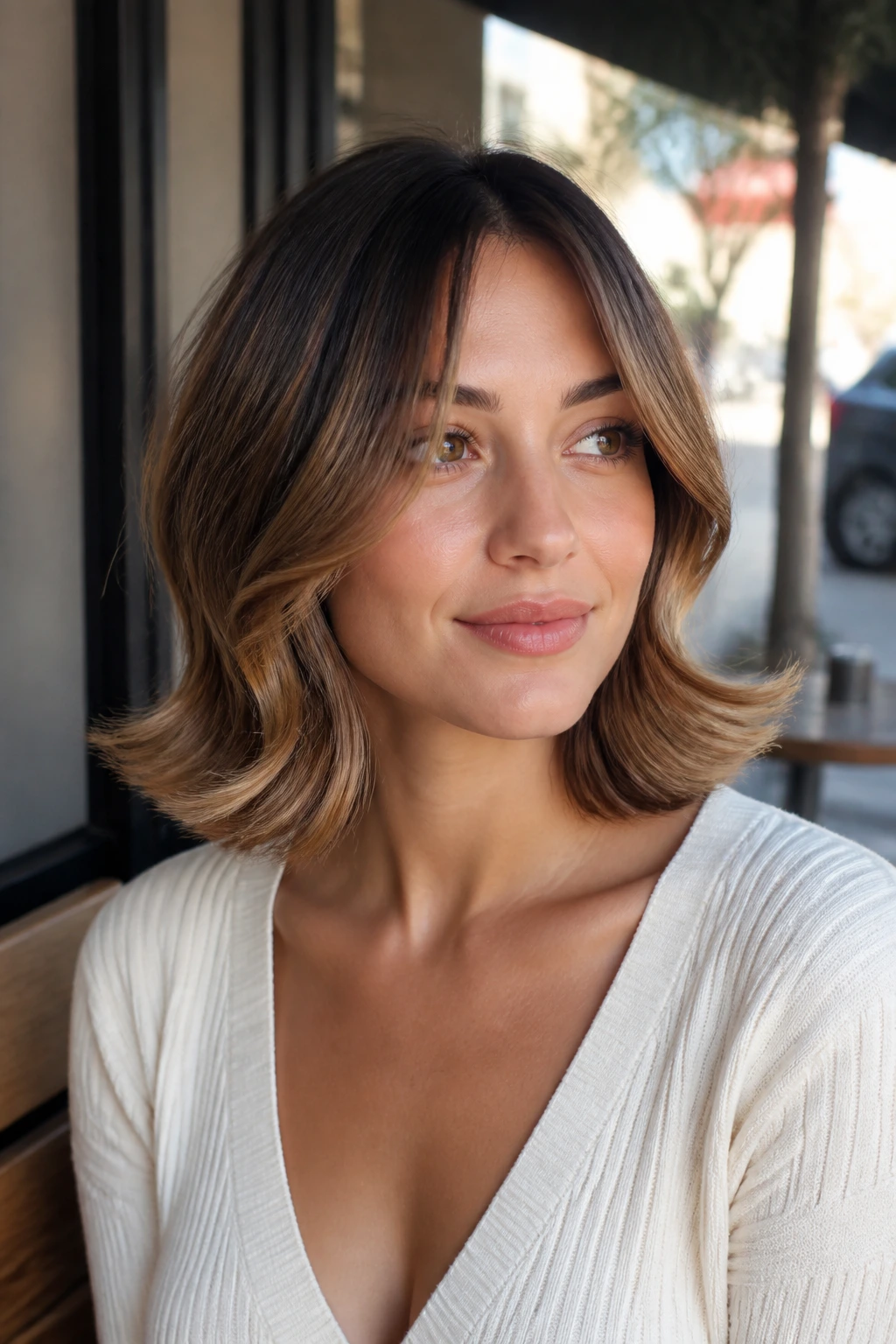 Close-up portrait of a real woman with a flip-out lob hairstyle.