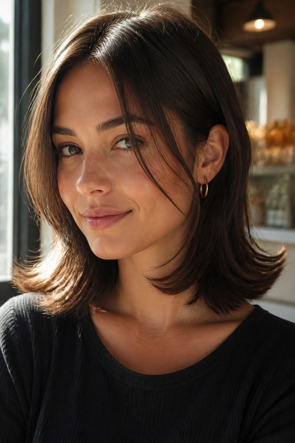 Close-up of brunette with shoulder-length hair and outward-flipped ends in natural light